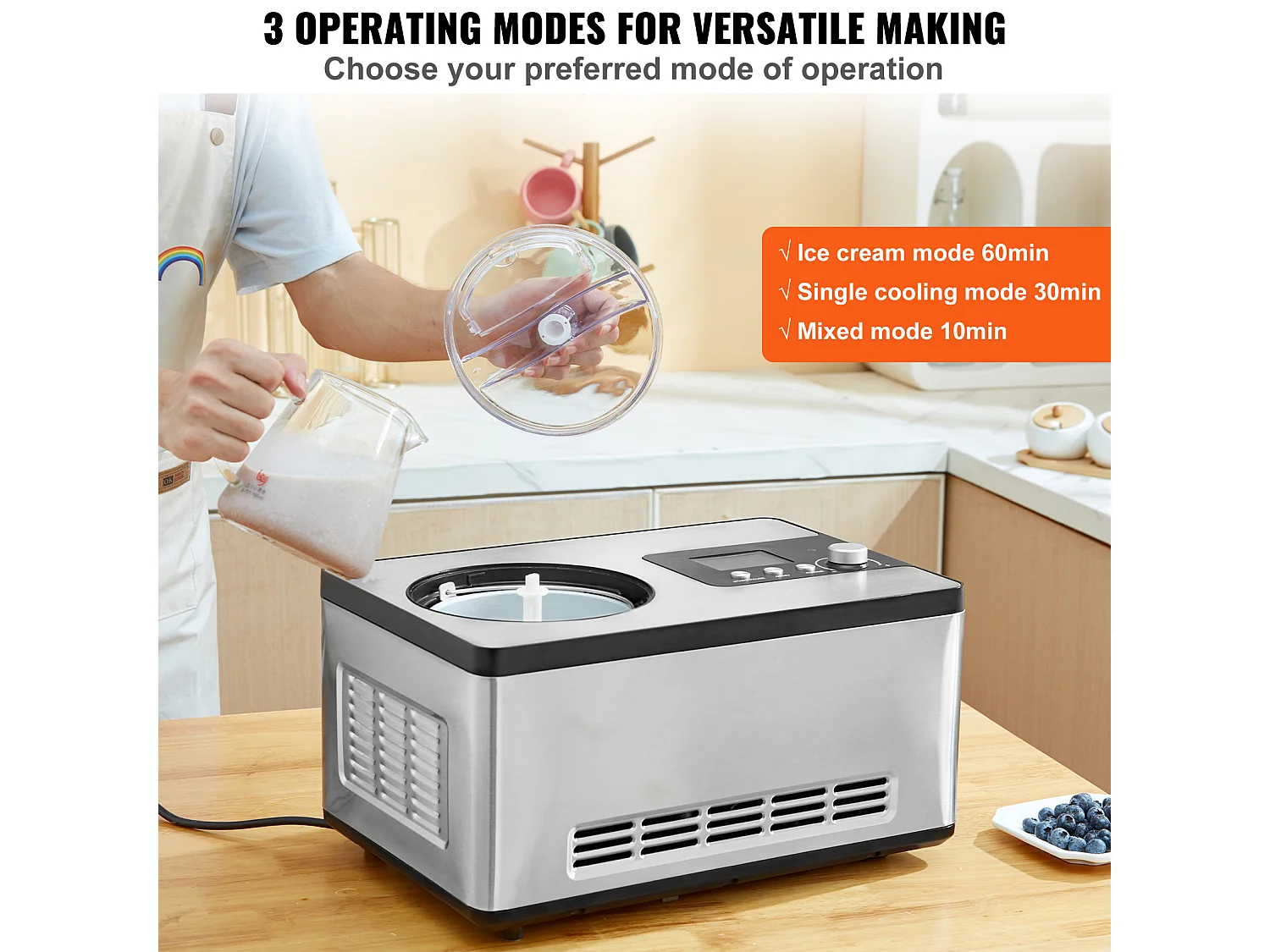 Automatische IJsmachine SucceBuy van 2 L, Elektrische IJsmachine van RVS, IJsmachine met 3 Modussen met LCD-Scherm en Timer, Zilver