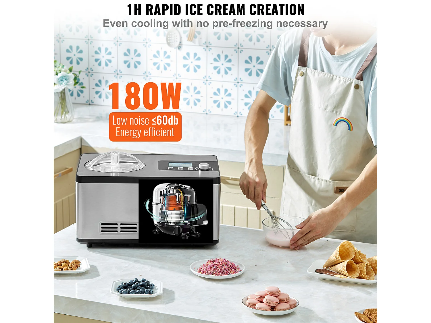 Automatische IJsmachine SucceBuy van 2 L, Elektrische IJsmachine van RVS, IJsmachine met 3 Modussen met LCD-Scherm en Timer, Zilver