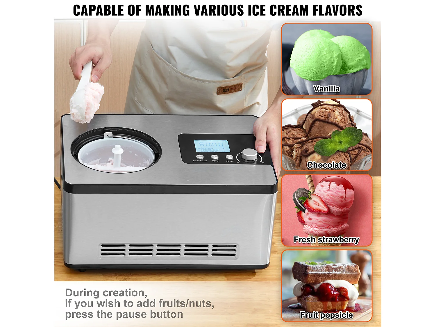 Automatische IJsmachine SucceBuy van 2 L, Elektrische IJsmachine van RVS, IJsmachine met 3 Modussen met LCD-Scherm en Timer, Zilver