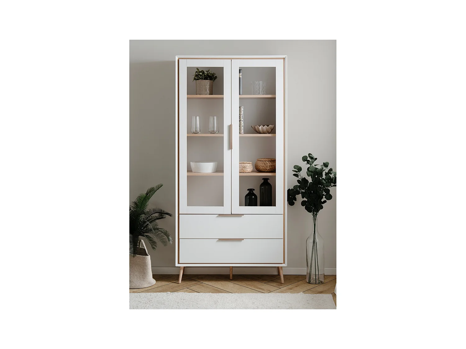 Buffet haut 2 portes vitrées, 2 tiroirs, 6 étagères à l'intérieur L90cm - ARONA