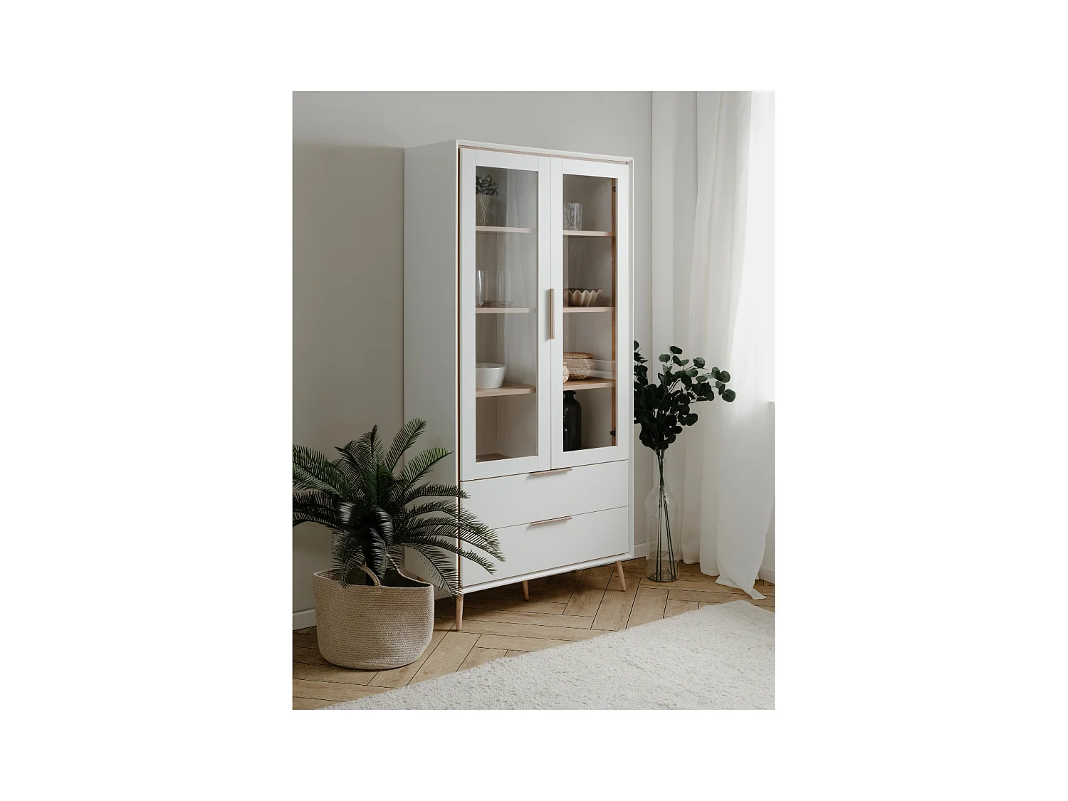 Buffet haut 2 portes vitrées, 2 tiroirs, 6 étagères à l'intérieur L90cm - ARONA