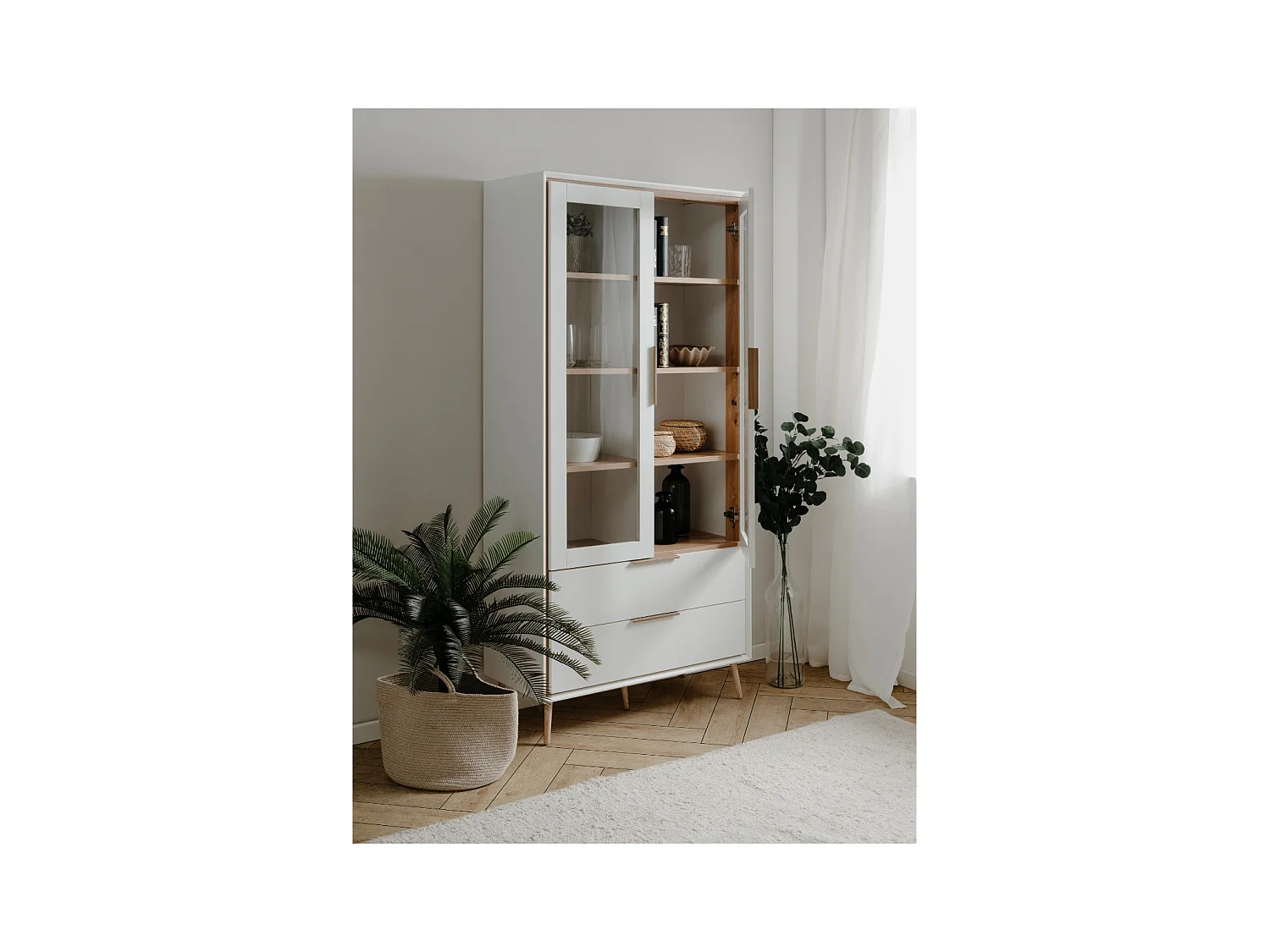 Aparador alto con 2 puertas acristaladas, 2 cajones y 6 estantes interiores, 90 cm - ARONA