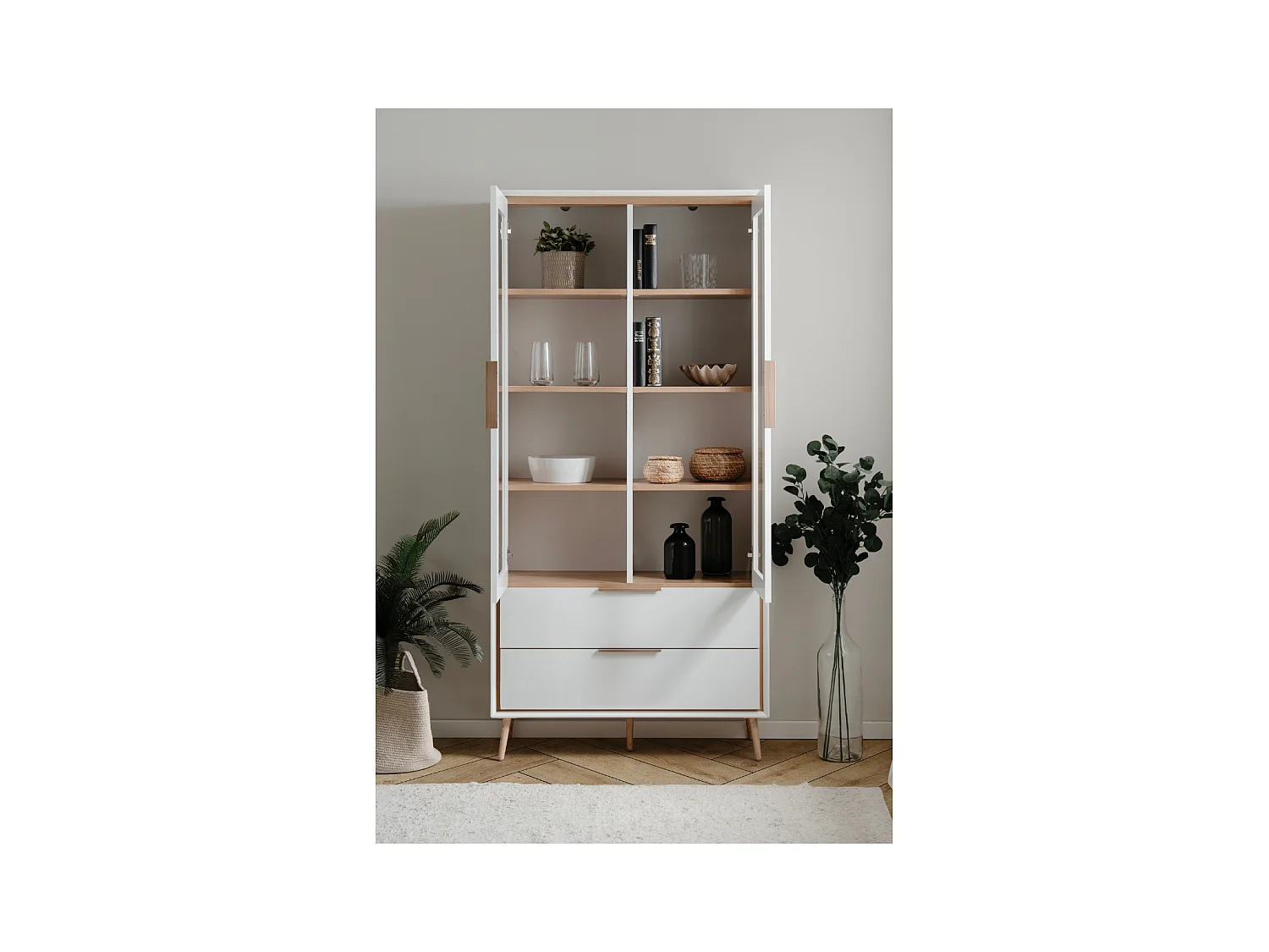 Aparador alto con 2 puertas acristaladas, 2 cajones y 6 estantes interiores, 90 cm - ARONA