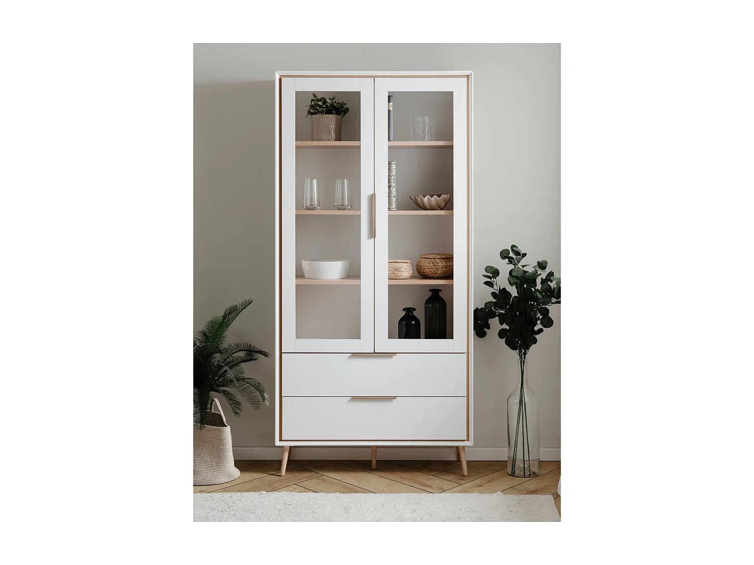 Buffet haut 2 portes vitrées, 2 tiroirs, 6 étagères à l'intérieur L90cm - ARONA