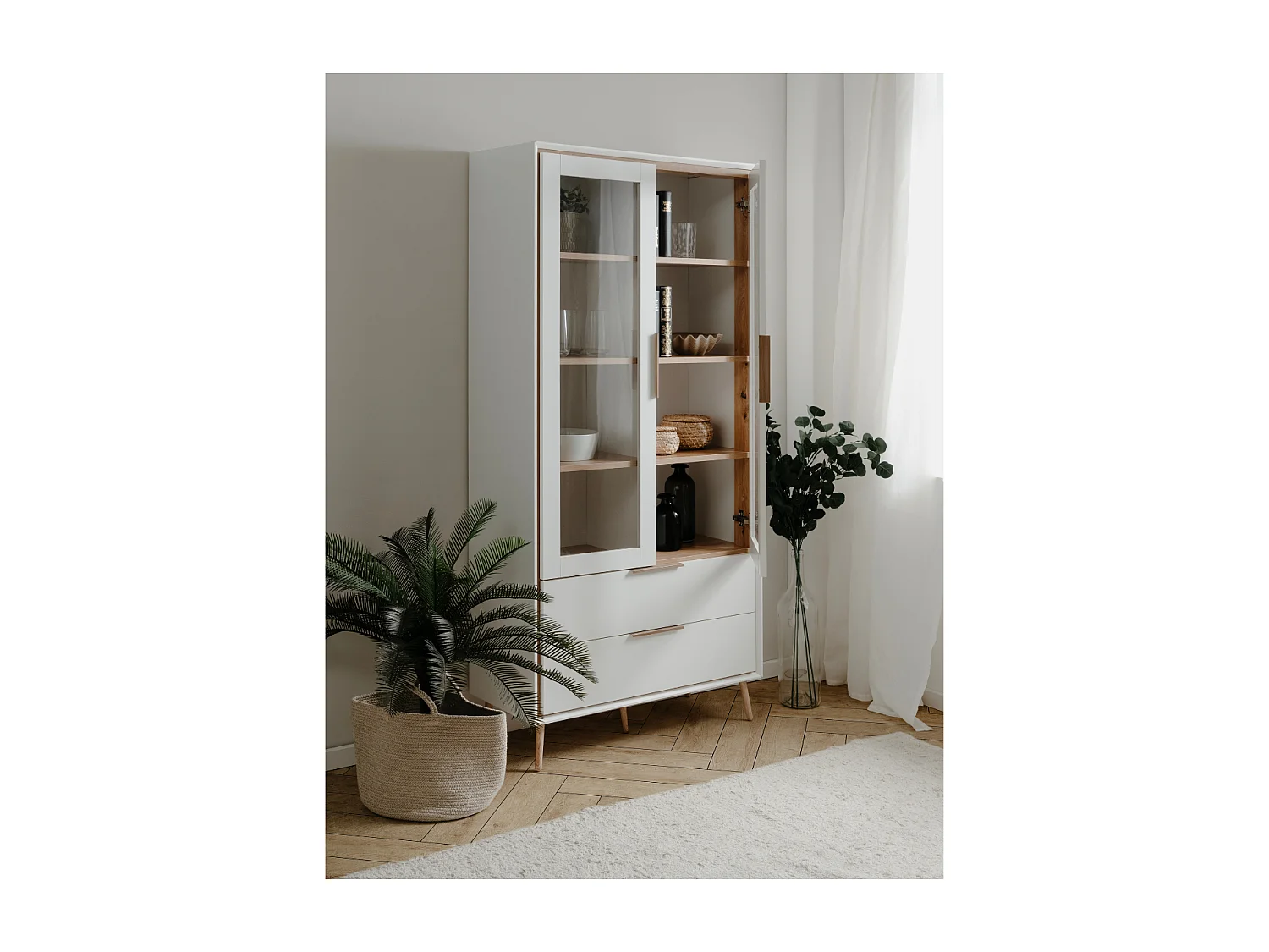 Buffet haut 2 portes vitrées, 2 tiroirs, 6 étagères à l'intérieur L90cm - ARONA