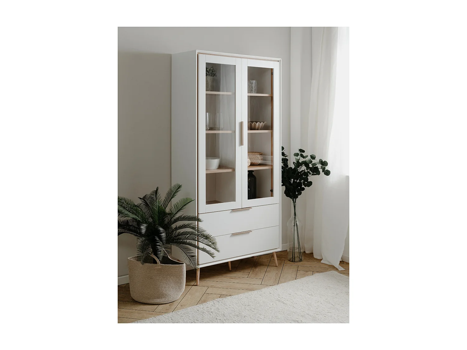 Buffet haut 2 portes vitrées, 2 tiroirs, 6 étagères à l'intérieur L90cm - ARONA