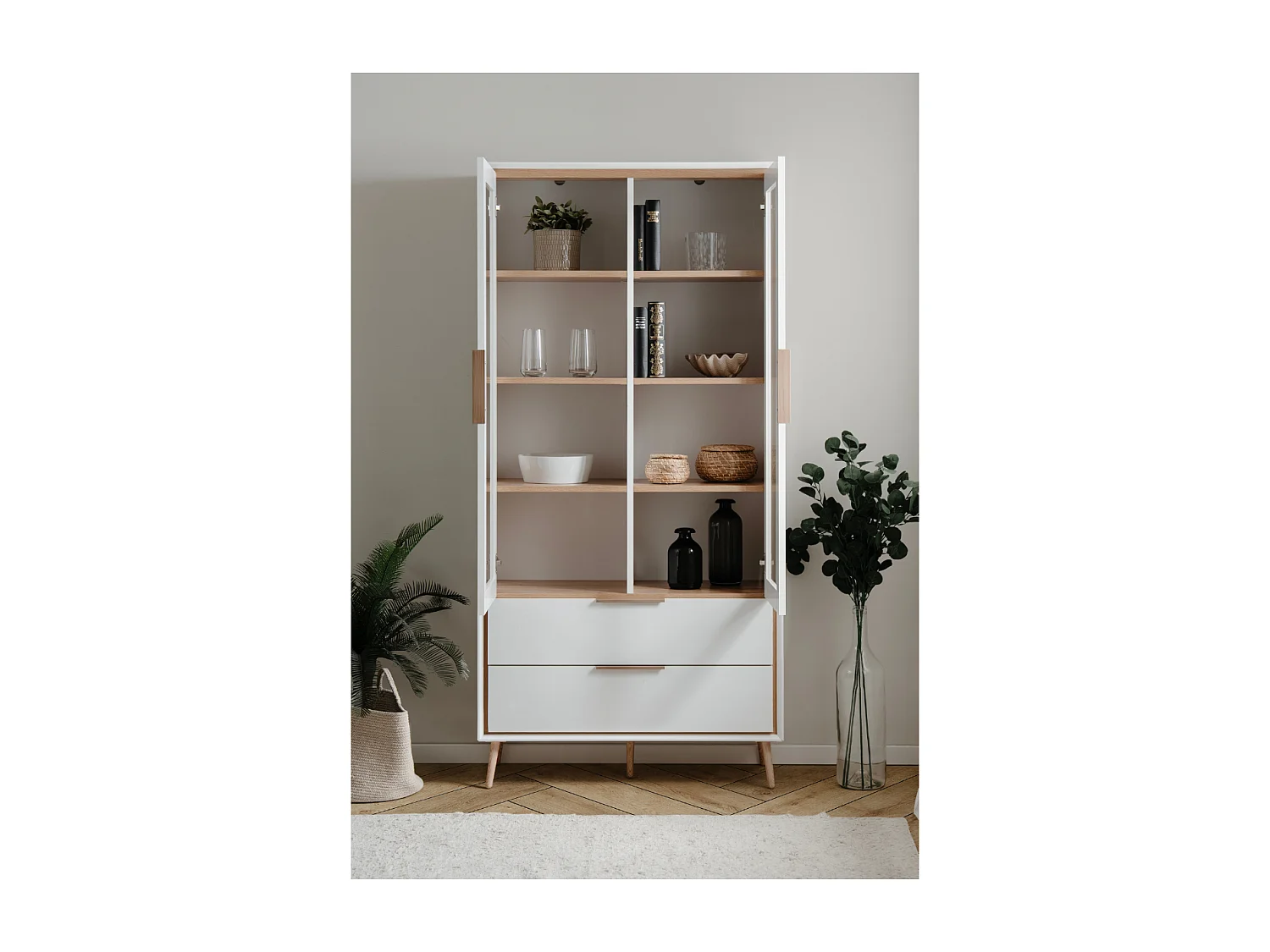 Buffet haut 2 portes vitrées, 2 tiroirs, 6 étagères à l'intérieur L90cm - ARONA