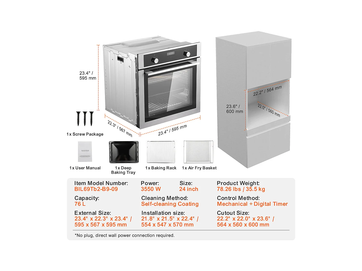 Four Mural Simple SucceBuy Encastrable Électrique de 59.5cm 76L 9 Fonctions, Chauffage Rapide à 200 °C en 5 Min, avec Grille de Cuisson