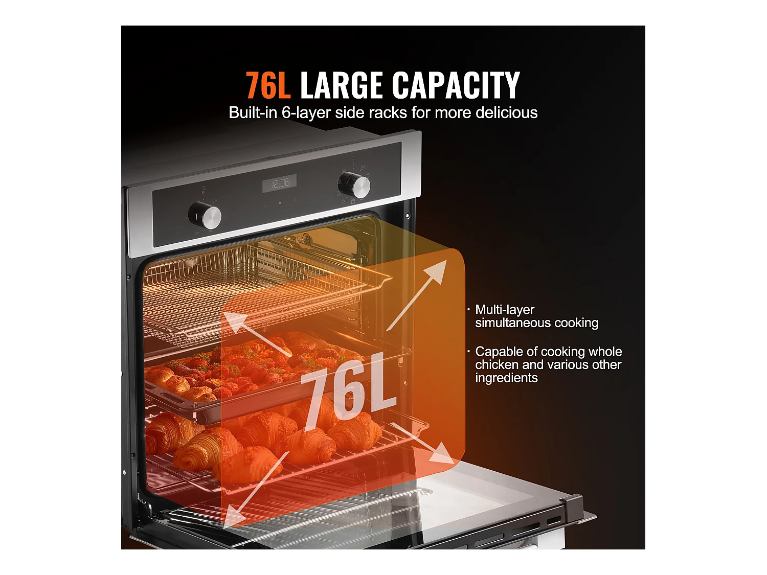 Four Mural Simple SucceBuy Encastrable Électrique de 59.5cm 76L 9 Fonctions, Chauffage Rapide à 200 °C en 5 Min, avec Grille de Cuisson