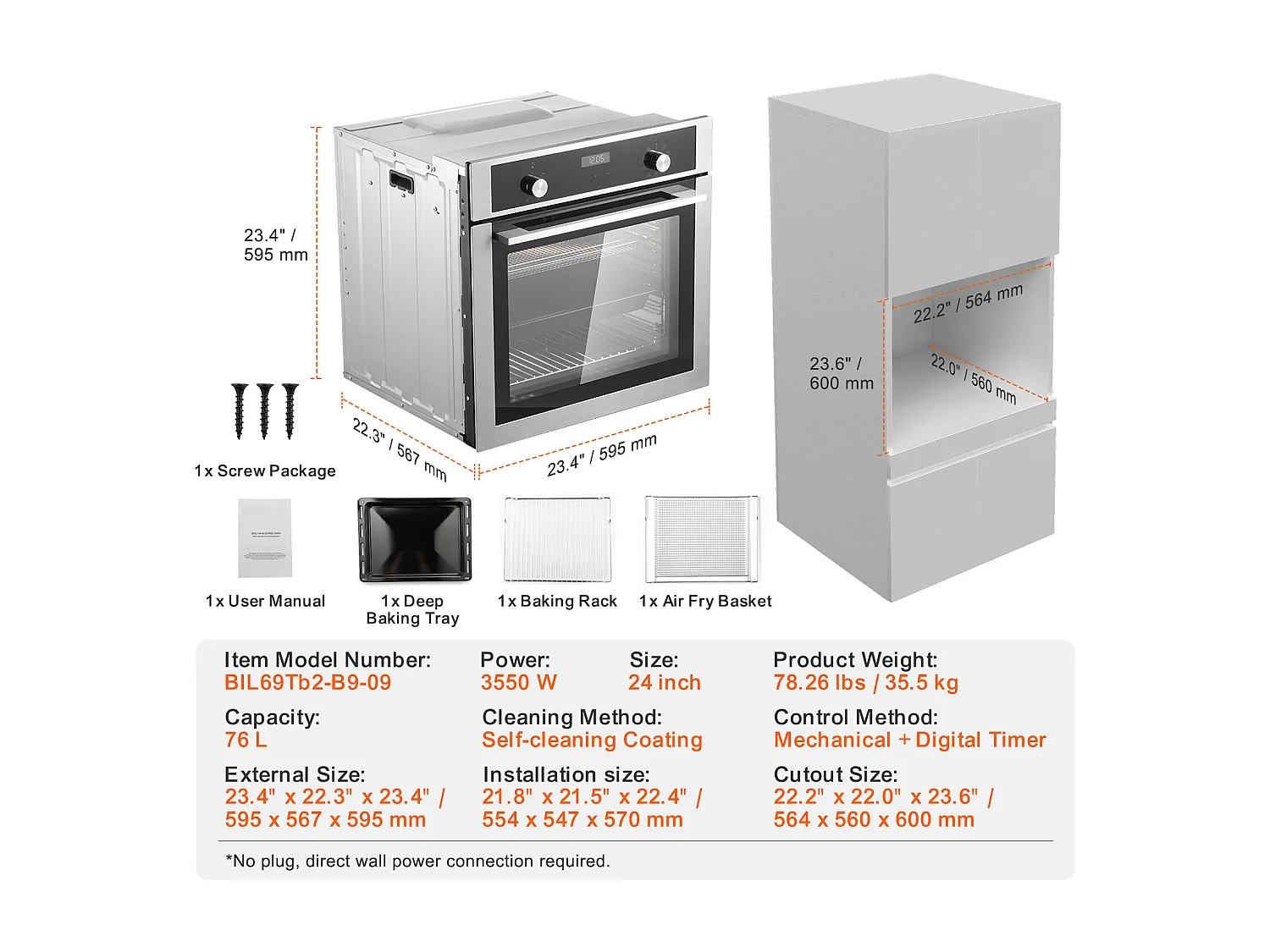 Four Mural Simple SucceBuy Encastrable Électrique de 59.5cm 76L 9 Fonctions, Chauffage Rapide à 200 °C en 5 Min, avec Grille de Cuisson