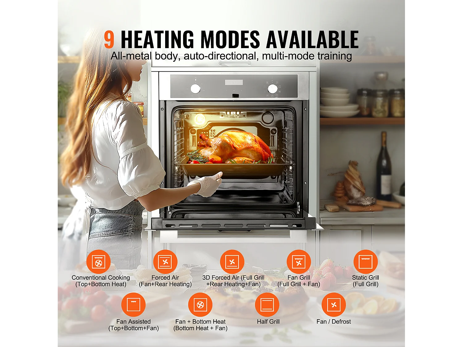 Four Mural Simple SucceBuy Encastrable Électrique de 59.5cm 76L 9 Fonctions, Chauffage Rapide à 200 °C en 5 Min, avec Grille de Cuisson