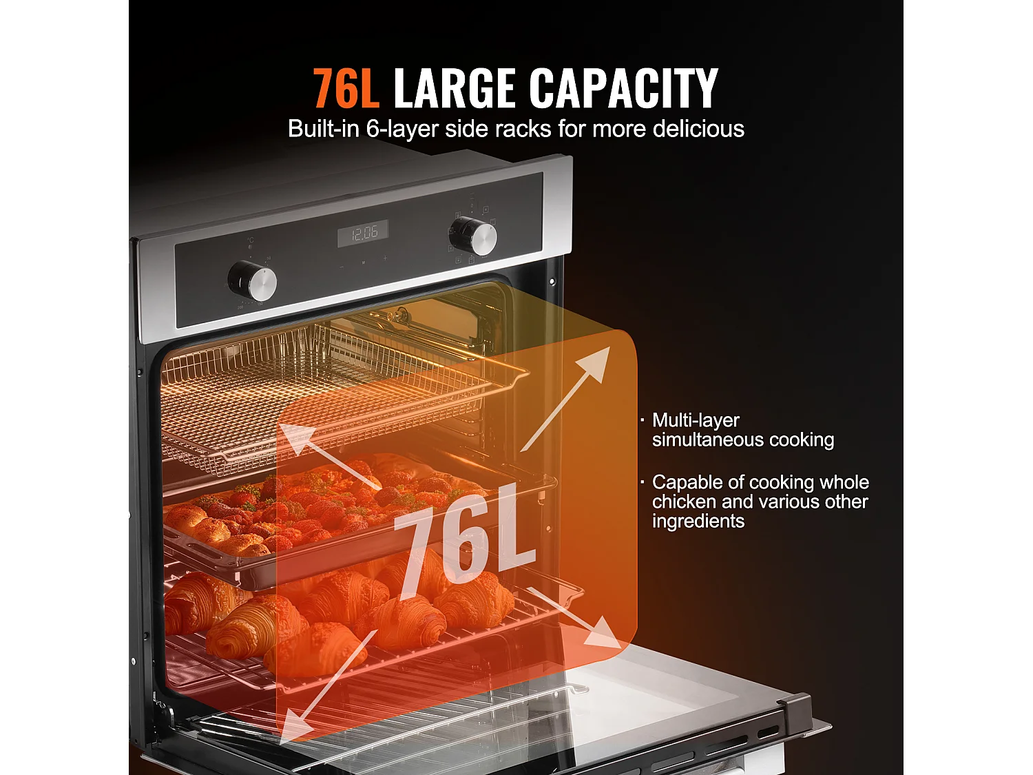 Four Mural Simple SucceBuy Encastrable Électrique de 59.5cm 76L 9 Fonctions, Chauffage Rapide à 200 °C en 5 Min, avec Grille de Cuisson