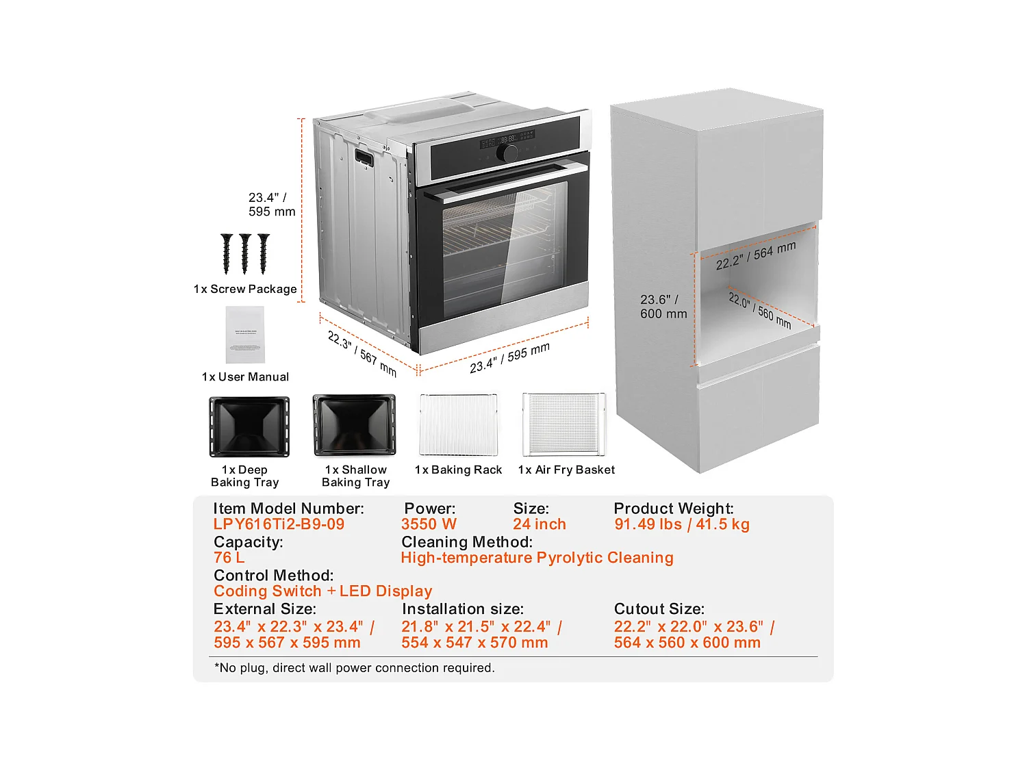 Four Mural Simple SucceBuy Encastrable Électrique de 59.5cm 76L 16 Fonctions pour la Cuisine, Chauffage Rapide à 200 °C en 5 Min, 3550 W