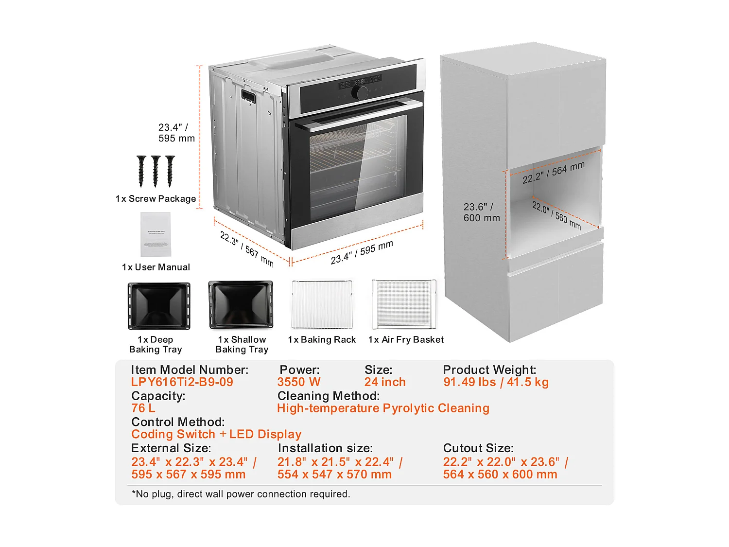 Four Mural Simple SucceBuy Encastrable Électrique de 59.5cm 76L 16 Fonctions pour la Cuisine, Chauffage Rapide à 200 °C en 5 Min, 3550 W