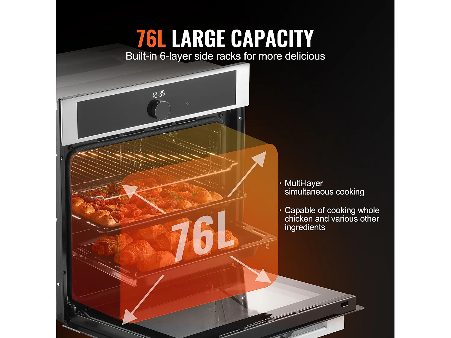 Four Mural Simple SucceBuy Encastrable Électrique de 59.5cm 76L 16 Fonctions pour la Cuisine, Chauffage Rapide à 200 °C en 5 Min, 3550 W