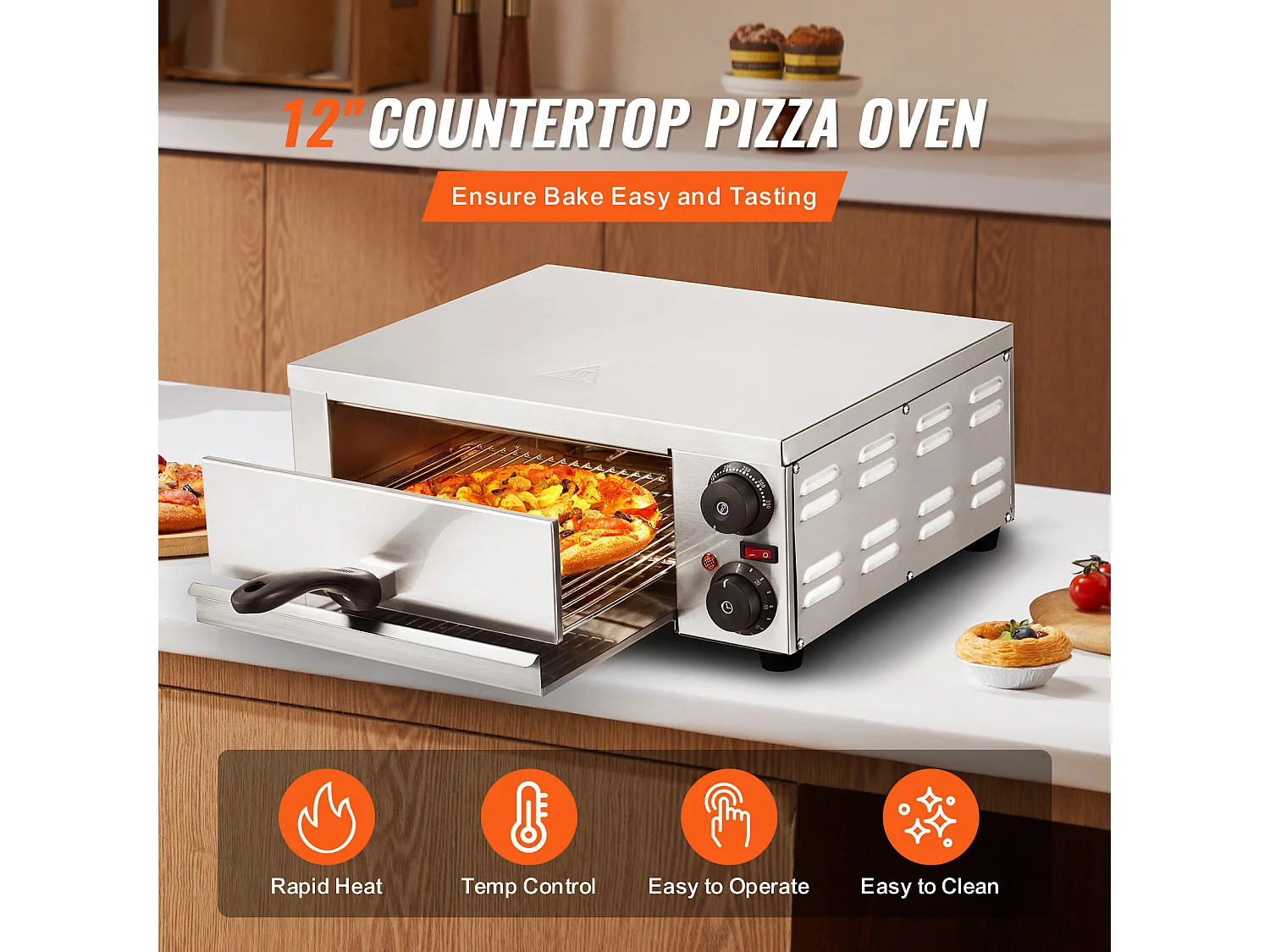 Elektryczny Piec do Pizzy SucceBuy na Stół, Rozmiar 30CM, 1500 W, z Regulowalną Temperaturą i Czasomierzem od 0 do 120 Minut