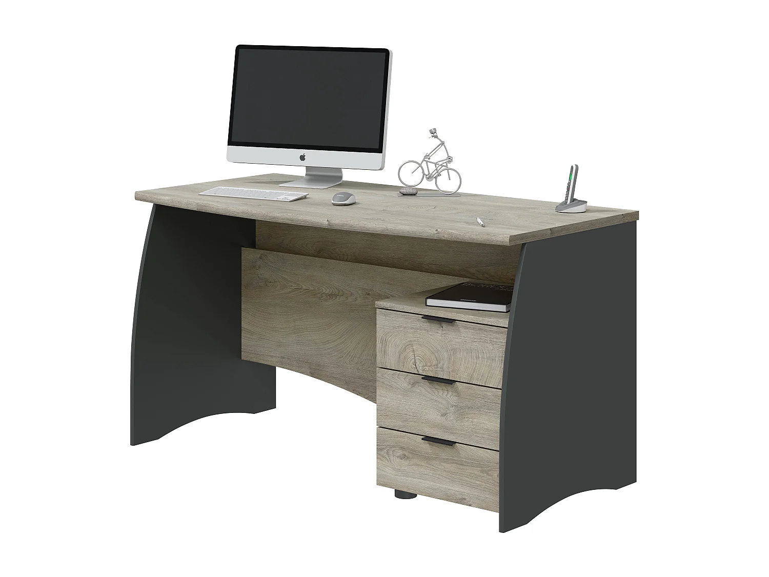 Scrivania con 3 Cassetti Bliss Scrittoio da Studio o Ufficio Mobile Desk da Soggiorno Sala da Pranzo 136 x 74 x 67 cm Colore Rovere E Grigio