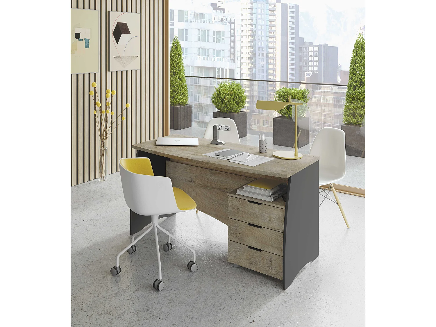 Scrivania con 3 Cassetti Bliss Scrittoio da Studio o Ufficio Mobile Desk da Soggiorno Sala da Pranzo 136 x 74 x 67 cm Colore Rovere E Grigio