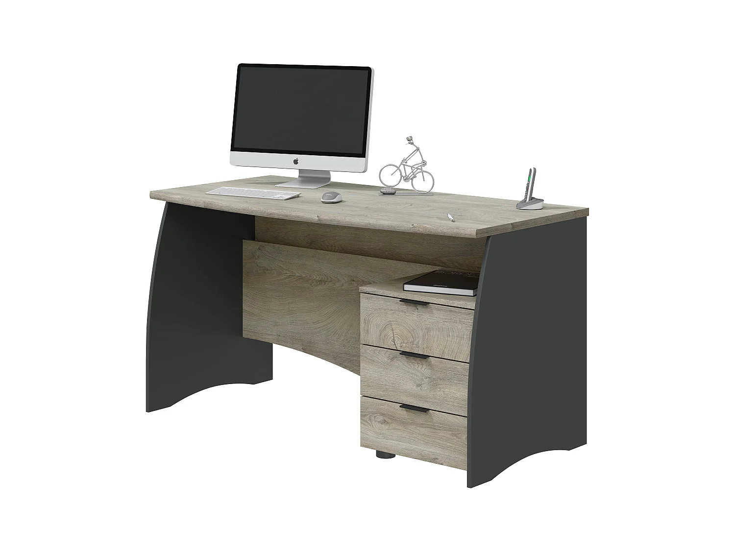 Scrivania con 3 Cassetti Bliss Scrittoio da Studio o Ufficio Mobile Desk da Soggiorno Sala da Pranzo 136 x 74 x 67 cm Colore Rovere E Grigio