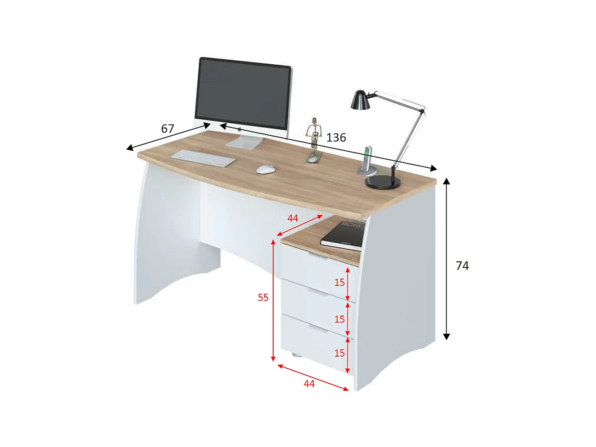 Scrivania con 3 Cassetti Bliss Scrittoio da Studio o Ufficio Mobile Desk da Soggiorno Sala da Pranzo 136 x 74 x 67 cm Colore Bianco e Rovere