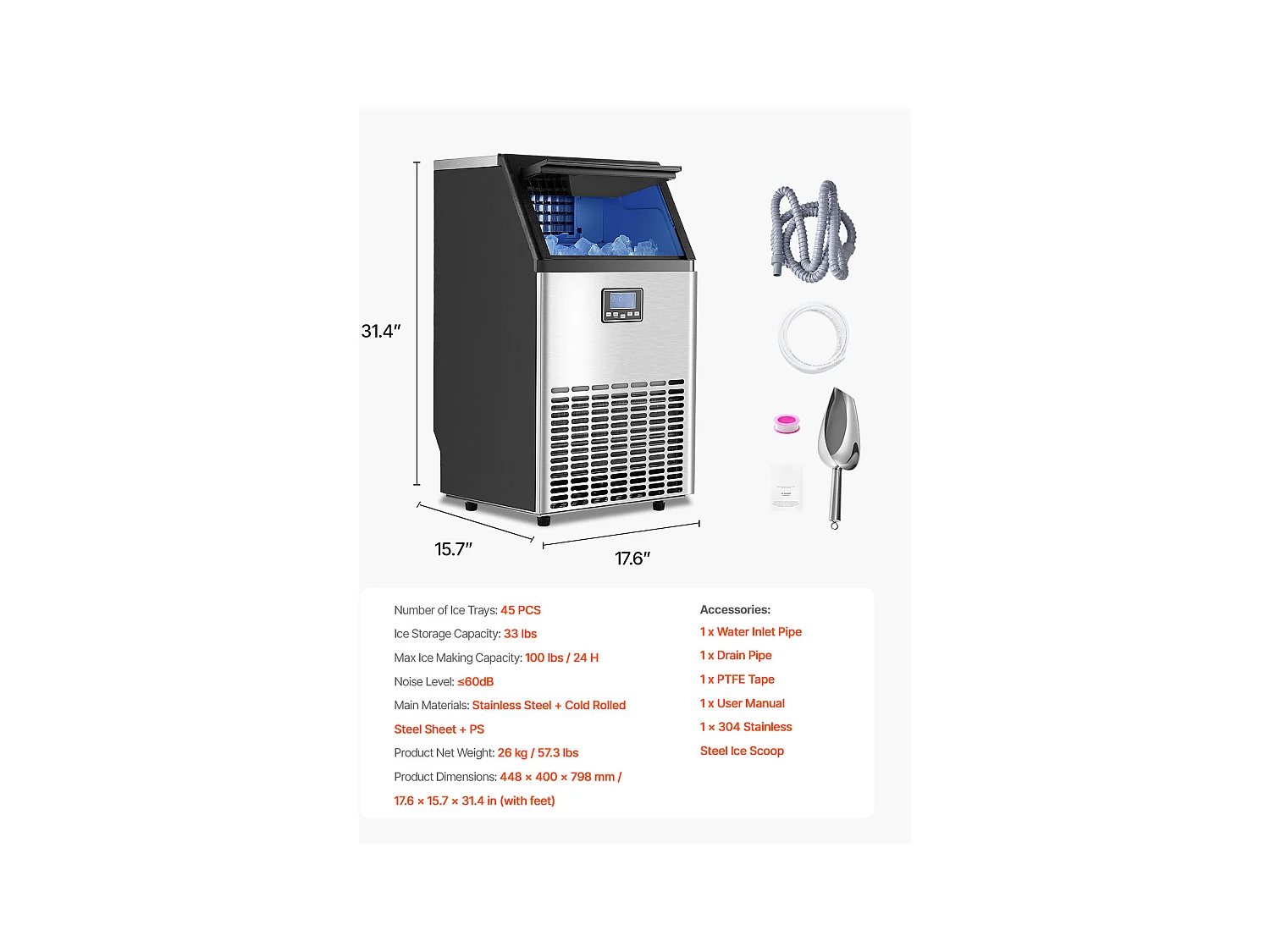 Machine à Glaçons SucceBuy Machine Commerciale de Glaçon 45.36 kg/Jour avec l'Affichage à LED pour la Gastronomie