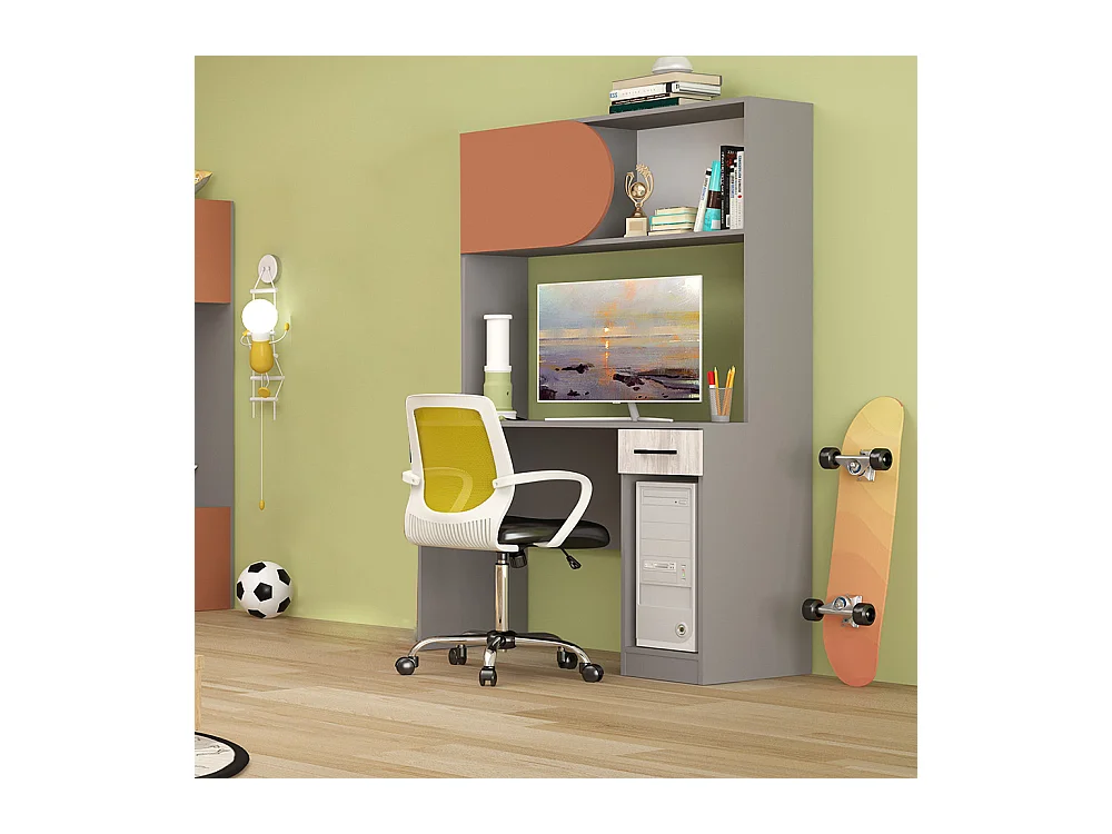 Scrivania alta moderna con ripiani in grigio, arancio e rovere bianco SCG6