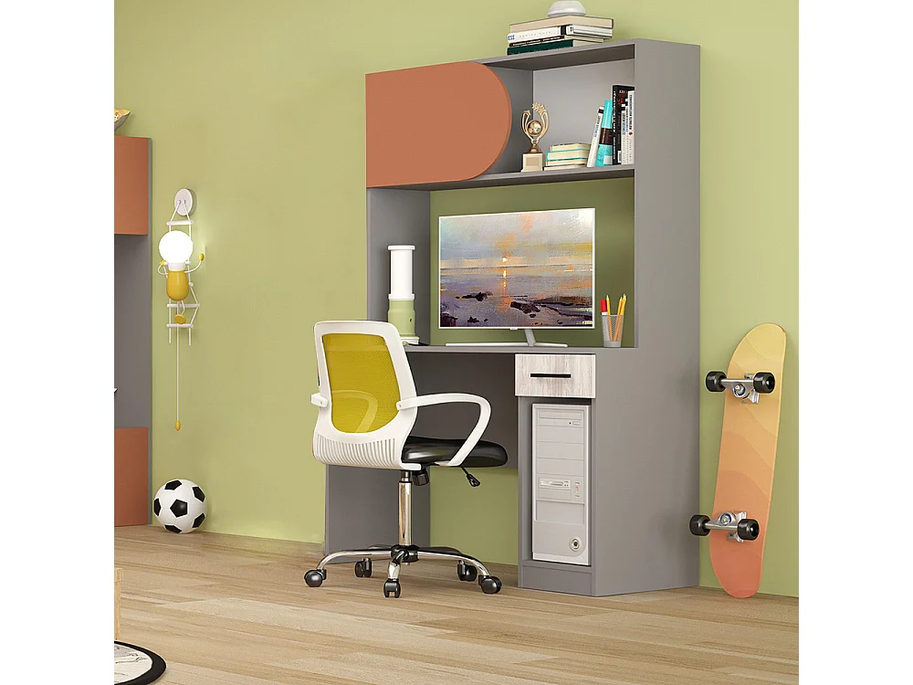 Scrivania alta moderna con ripiani in grigio, arancio e rovere bianco SCG6