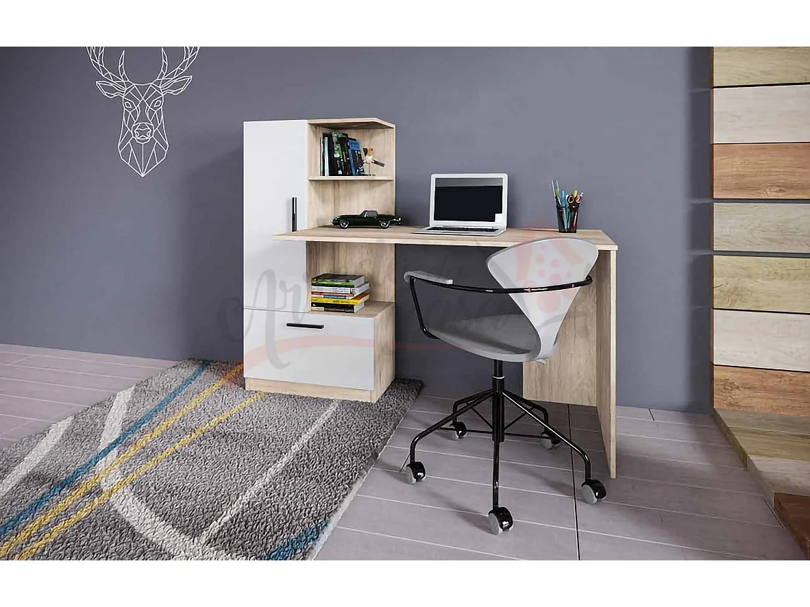 Scrivania per cameretta moderna 150x120 rovere chiaro e bianco SCI17