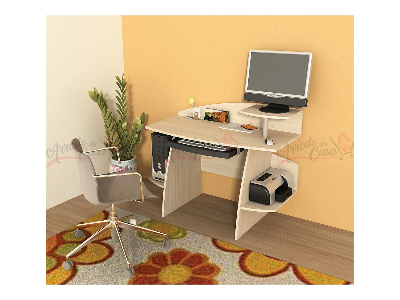 Scrivania pc e stampante in rovere sabbia UG4
