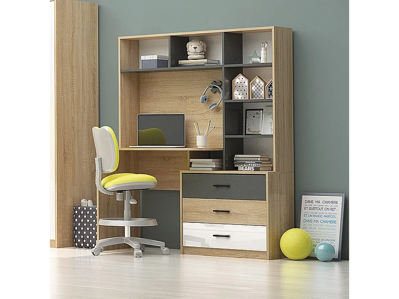 Scrivania per cameretta con libreria in rovere chiaro, bianco lucido e grigio antracite SCG7