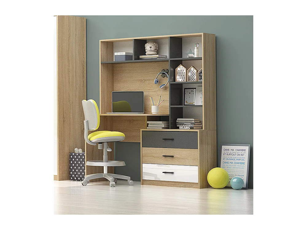 Scrivania per cameretta con libreria in rovere chiaro, bianco lucido e grigio antracite SCG7