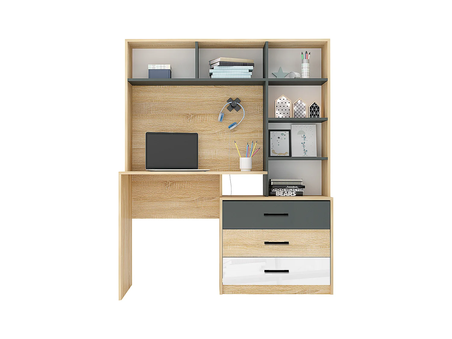 Scrivania per cameretta con libreria in rovere chiaro, bianco lucido e grigio antracite SCG7