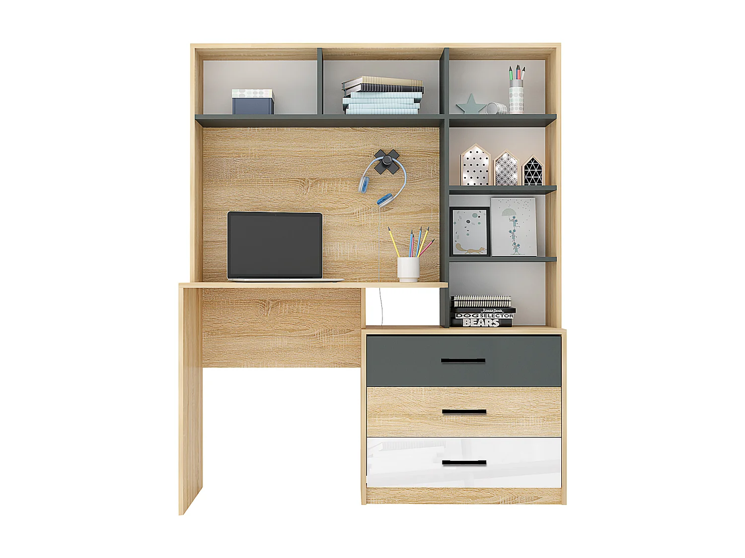 Scrivania per cameretta con libreria in rovere chiaro, bianco lucido e grigio antracite SCG7