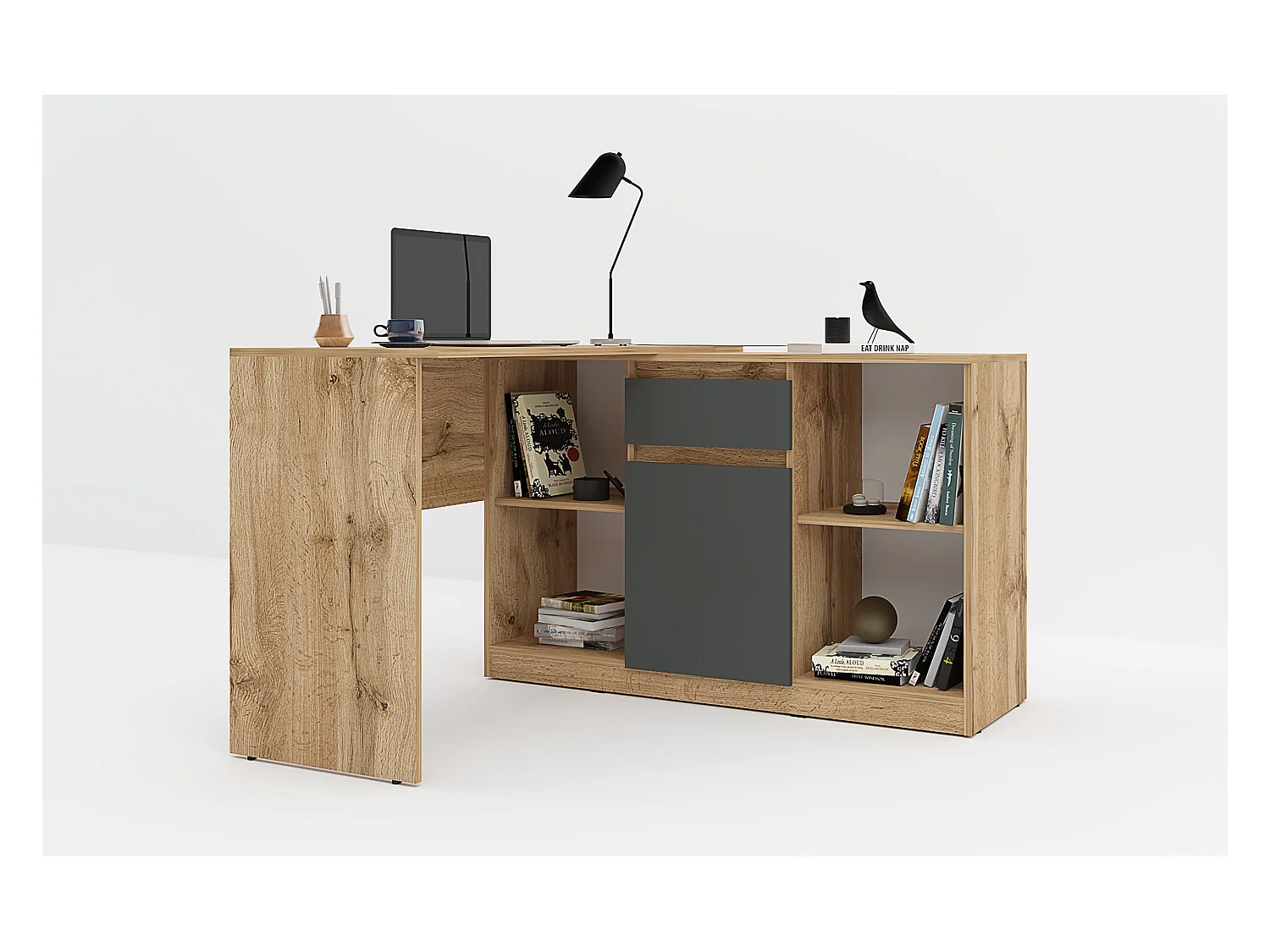 Scrivania ad angolo con anta e cassetto in rovere e antracite SCG4
