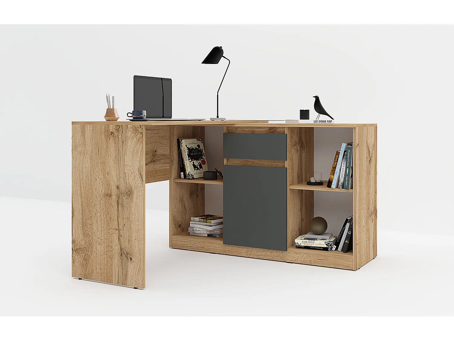 Scrivania ad angolo con anta e cassetto in rovere e antracite SCG4