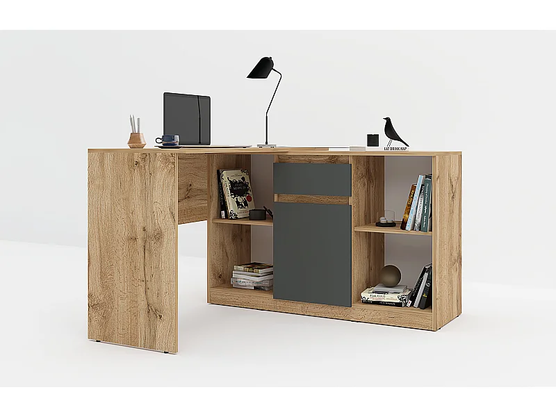 Scrivania ad angolo con anta e cassetto in rovere e antracite SCG4