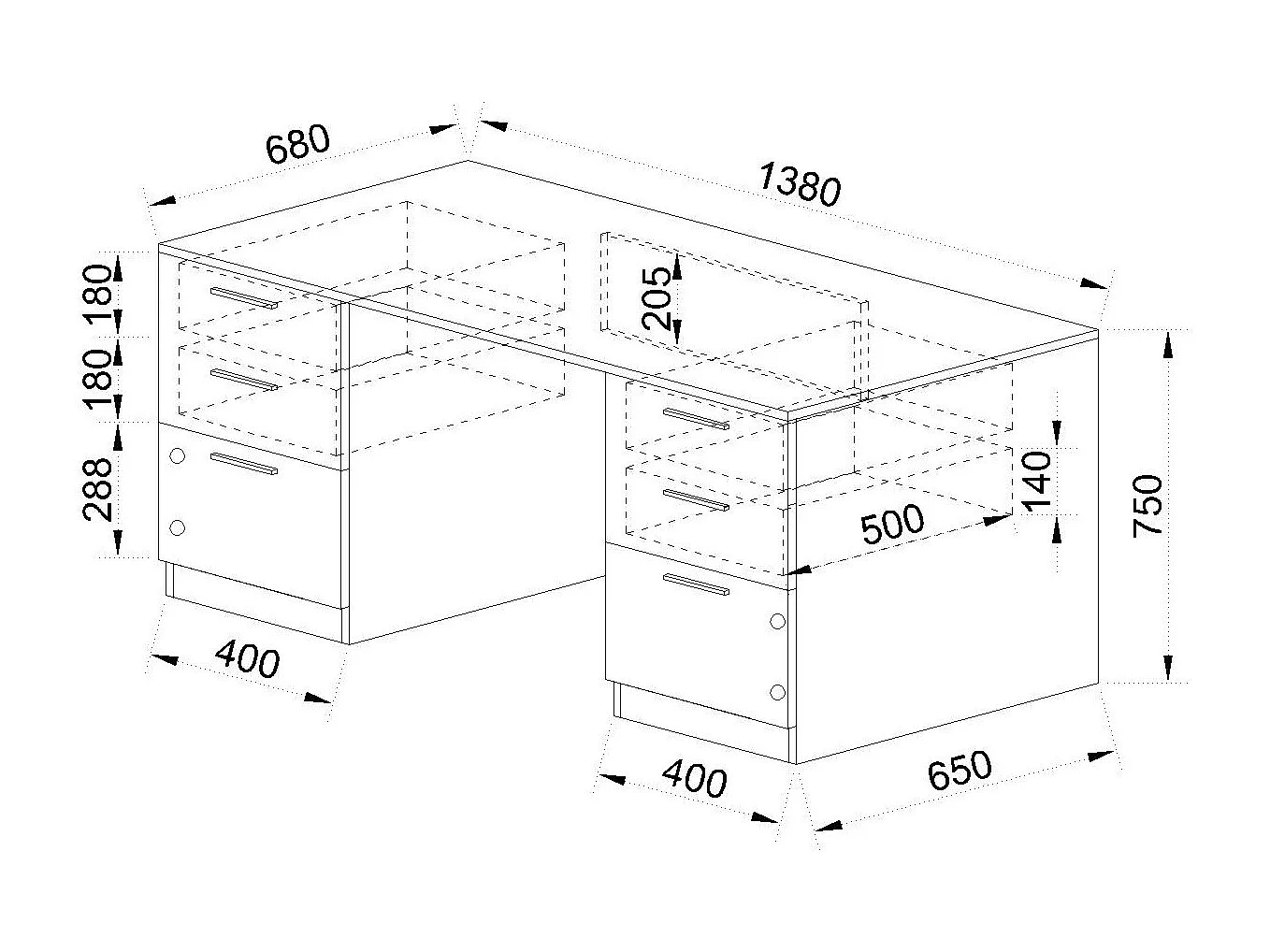 Scrivania 138x75 cm bianco opaco/ bianco lucido con 2 ante e 4 cassetti SCI26