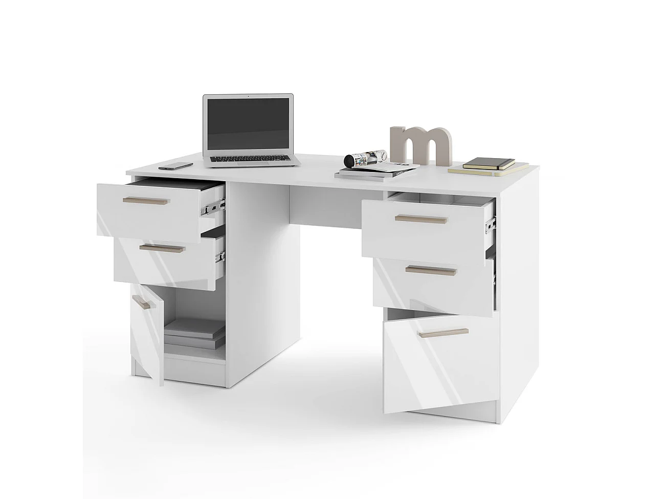 Scrivania 138x75 cm bianco opaco/ bianco lucido con 2 ante e 4 cassetti SCI26