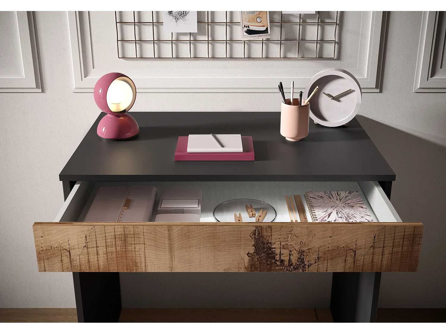 Scrivania piccola da ufficio con cassetto 78x76 cm nero opaco e pero SCL2