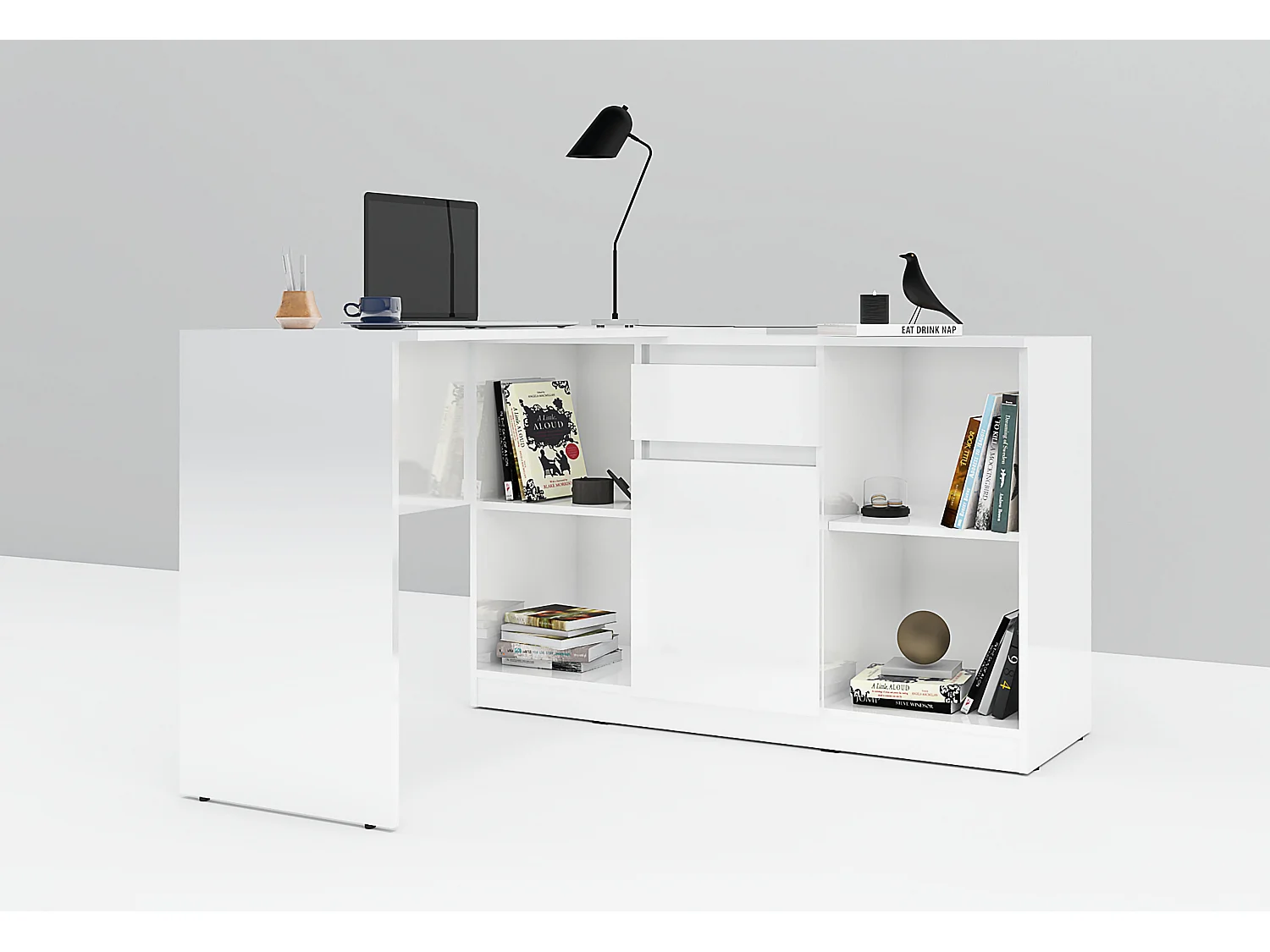 Scrivania ad angolo con anta e cassetto in bianco lucido SCG4
