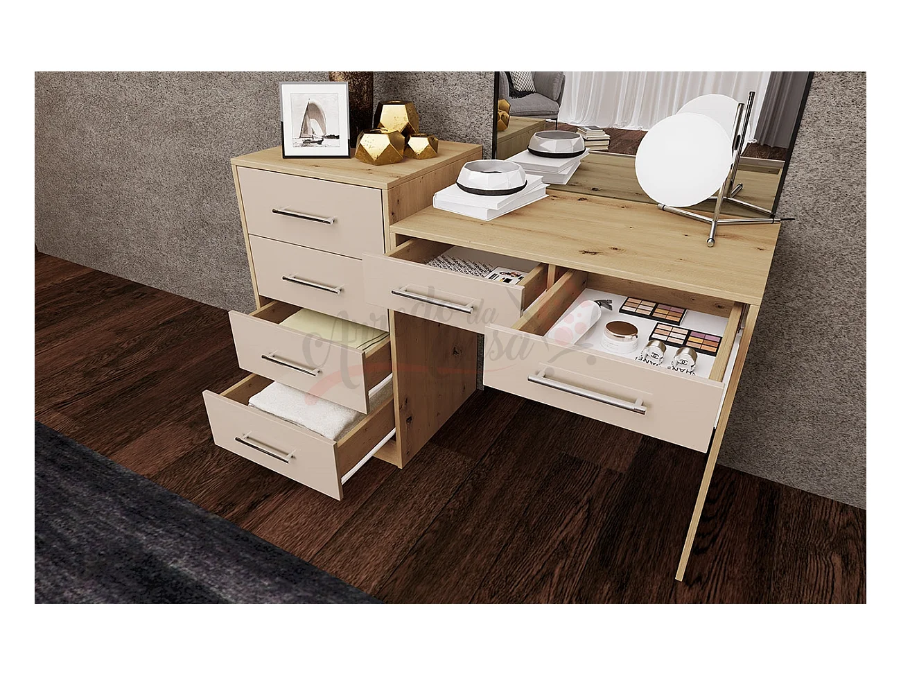 Scrivania da camera con sei cassetti130x85 abete naturale SCI20