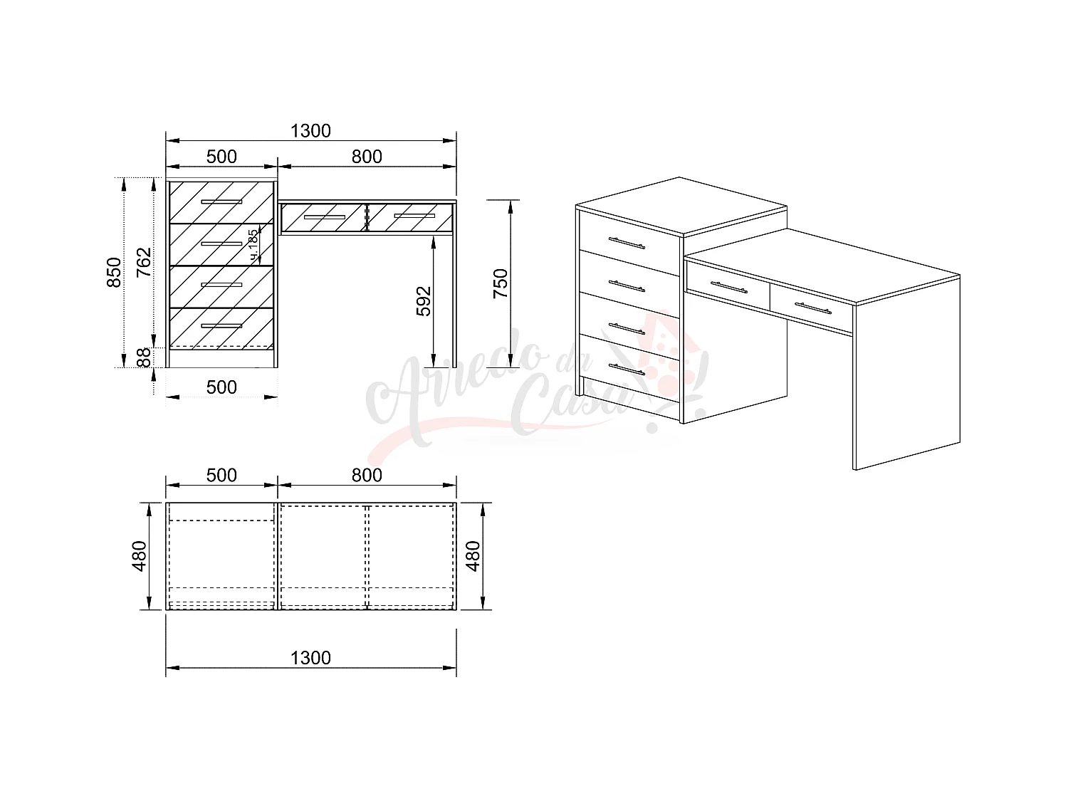 Scrivania da camera con sei cassetti130x85 abete naturale SCI20