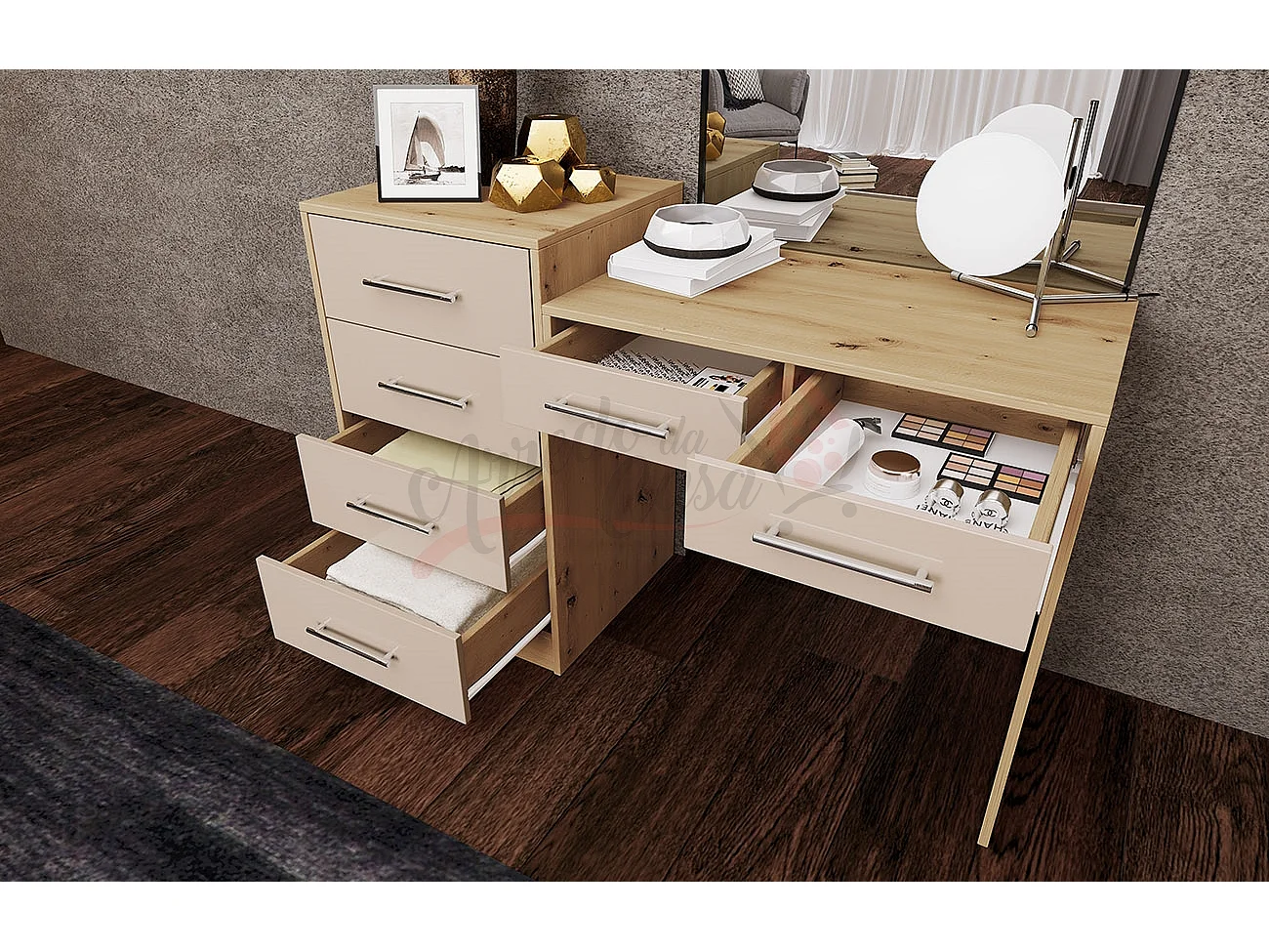 Scrivania da camera con sei cassetti130x85 abete naturale SCI20
