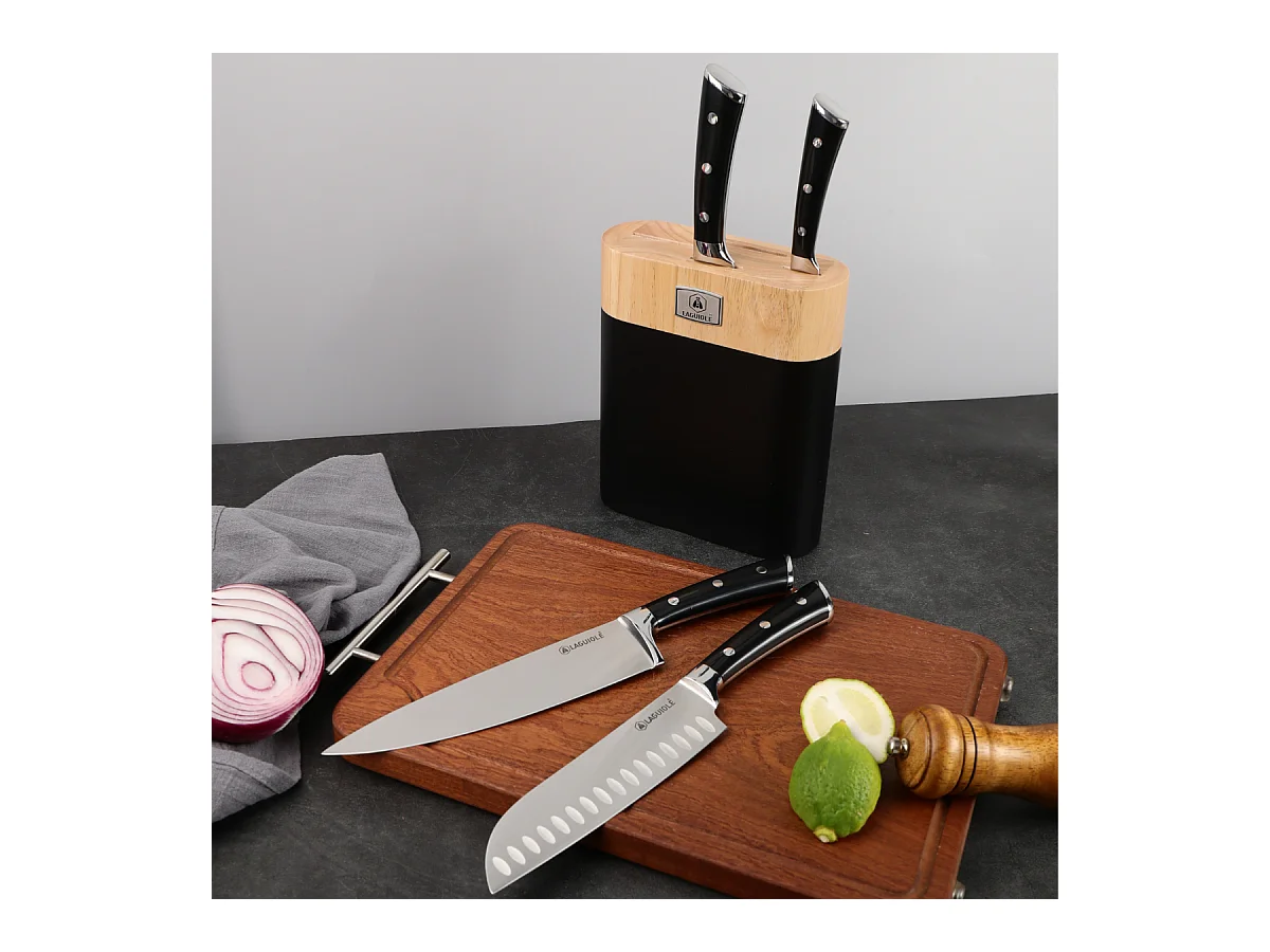 Bloc de 4 couteaux en acier noir - "Lustrobois"