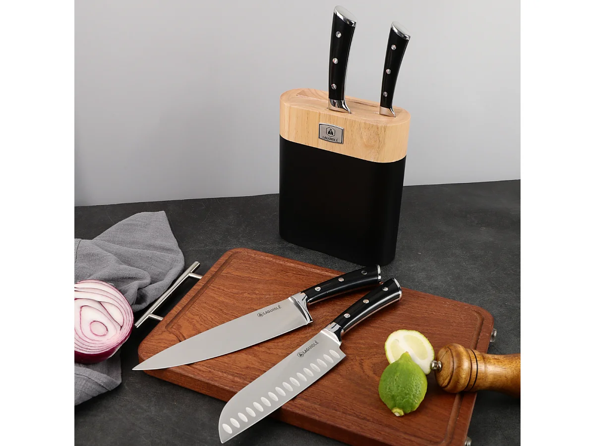 Bloc de 4 couteaux en acier noir - "Lustrobois"