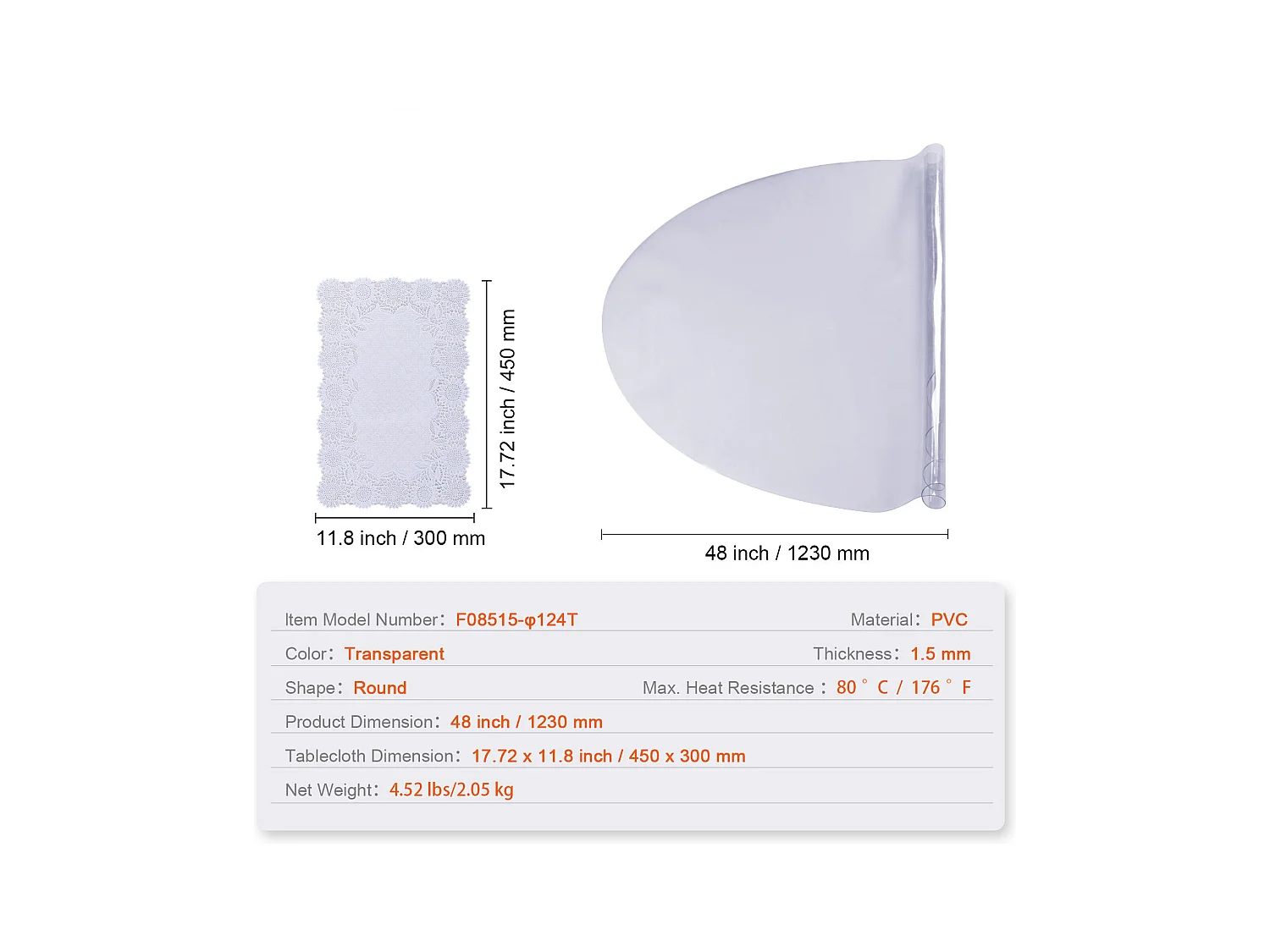 Nappe Transparente SucceBuy Protecteur de Table en PVC, Housse de Bureau Ronde en Plastique Transparent de 123 cm, Épaisseur de 1.5 mm