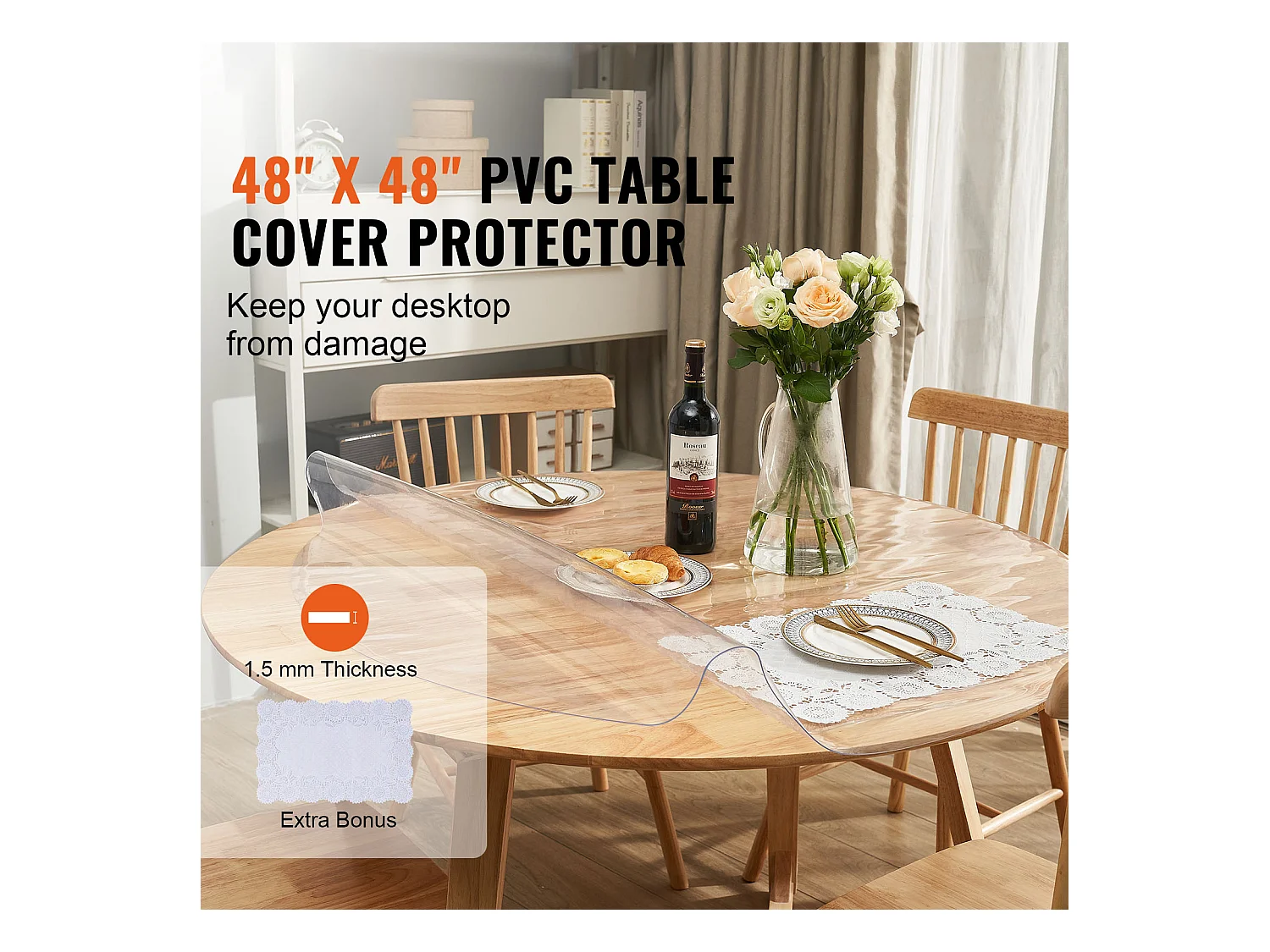 Nappe Transparente SucceBuy Protecteur de Table en PVC, Housse de Bureau Ronde en Plastique Transparent de 123 cm, Épaisseur de 1.5 mm