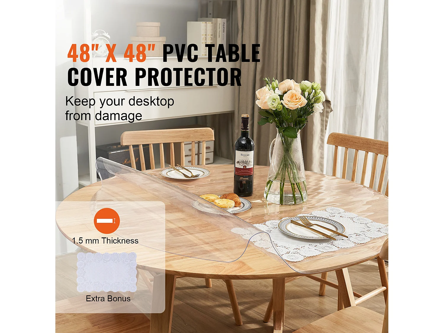 Tovaglia Trasparente SucceBuy Copritavolo in PVC Rotondo da 123 cm in Plastica Trasparente, Spessore 1.5 mm