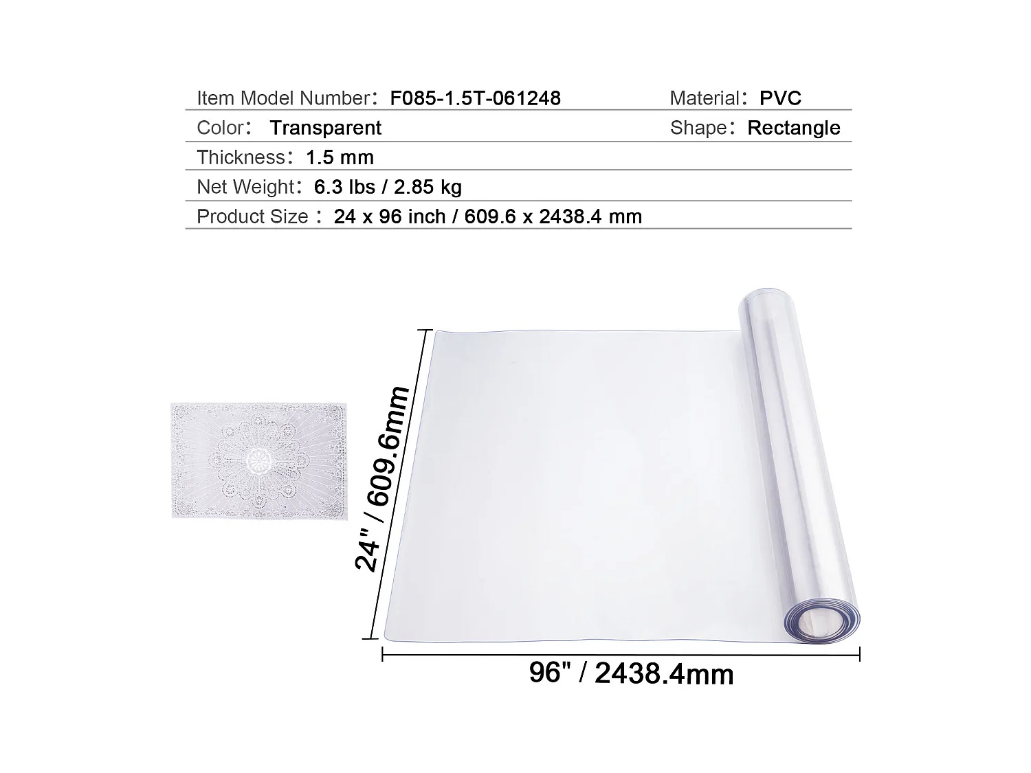 Nappe Transparente SucceBuy Protection de Table en PVC, 61 x 243 cm, Tapis de Bureau en Plastique Transparent, 1.5 mm d'Épaisseur