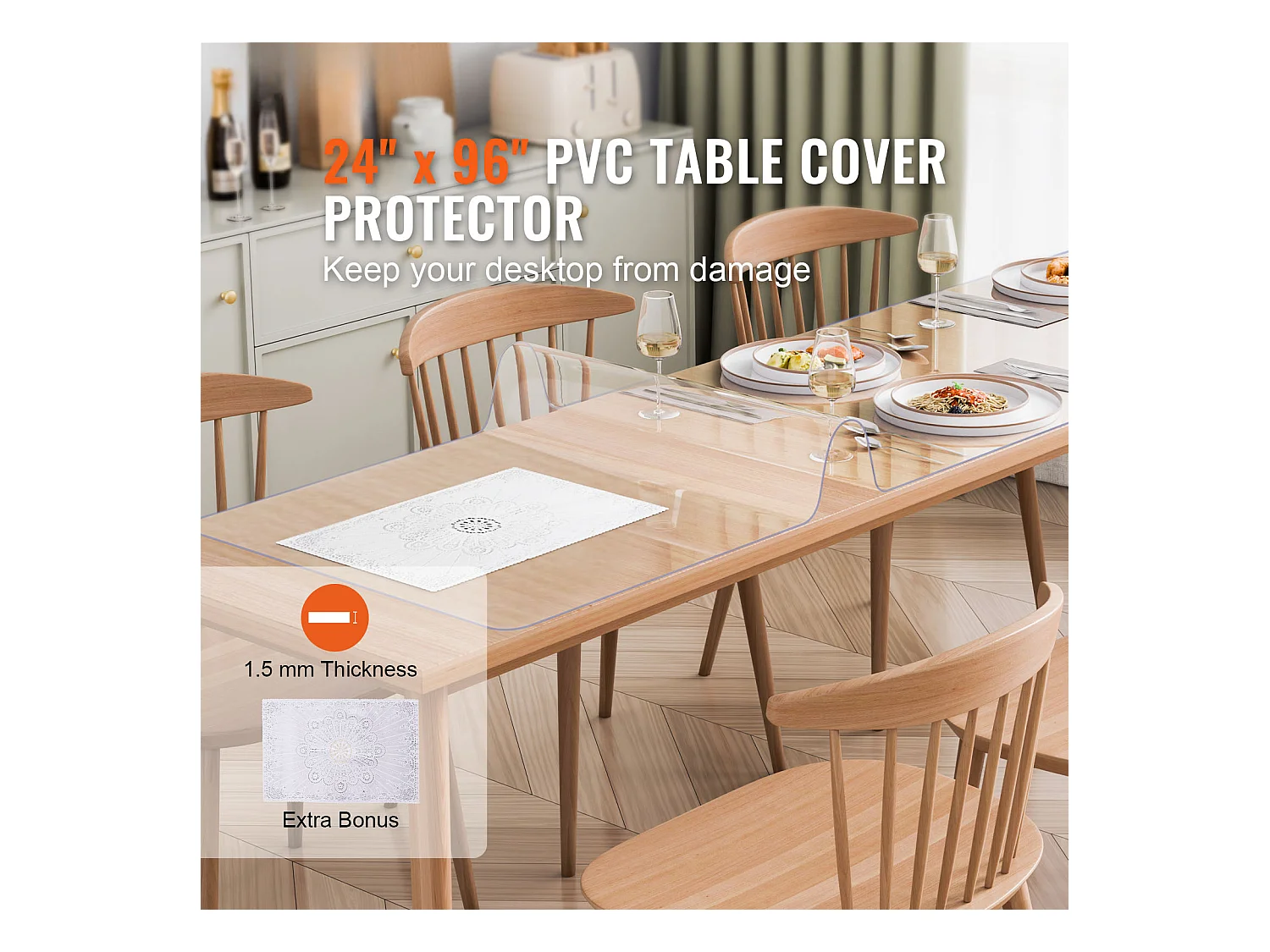 Nappe Transparente SucceBuy Protection de Table en PVC, 61 x 243 cm, Tapis de Bureau en Plastique Transparent, 1.5 mm d'Épaisseur